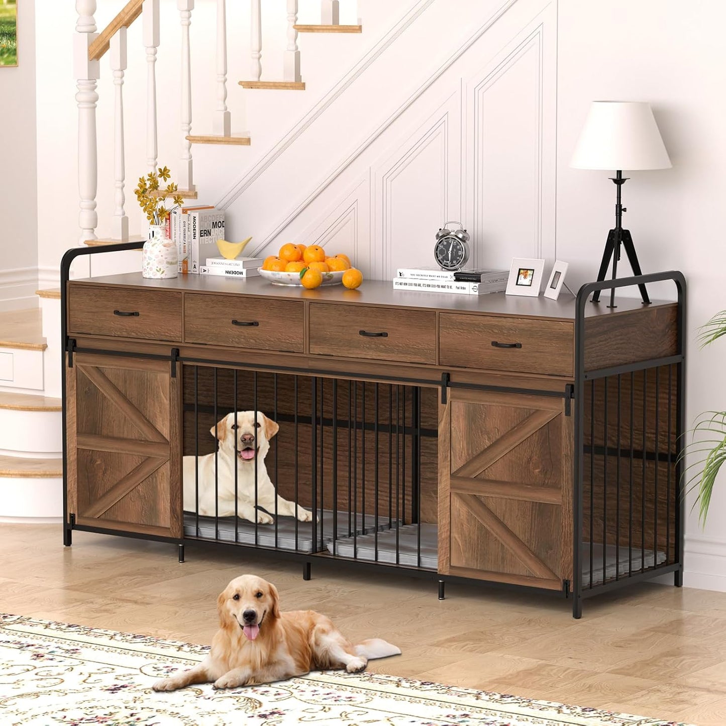 78.7 Inch Large Dog Crate Furniture for 2 Dogs Extra Large Dog Kennel Heavy Duty Wood Dog Crate Double Dog Crates Furniture TV Stand (Black)