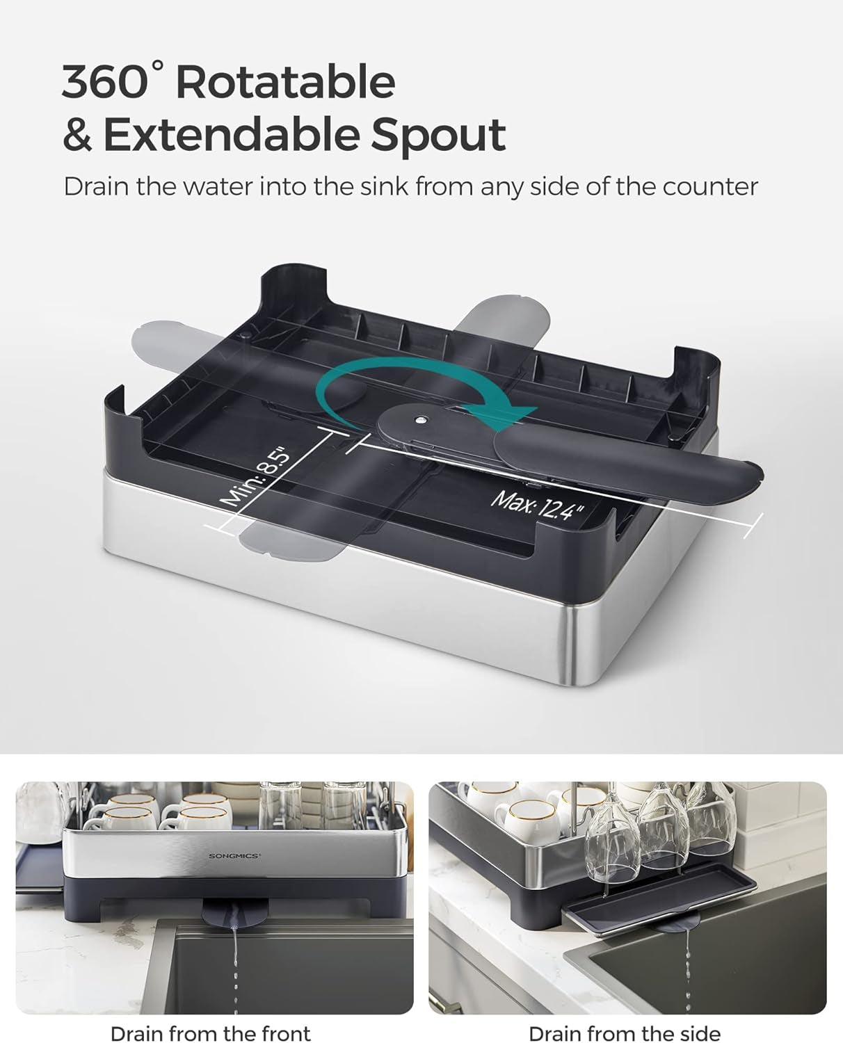 Dish Drying Rack - 2 Tier Dish Rack for Kitchen Counter with Rotatable and Extendable Drain Spout, Dish Drainer with Utensil, Cup, Glass, Cutting Board Holders, Silver and Gray UKCS032E01