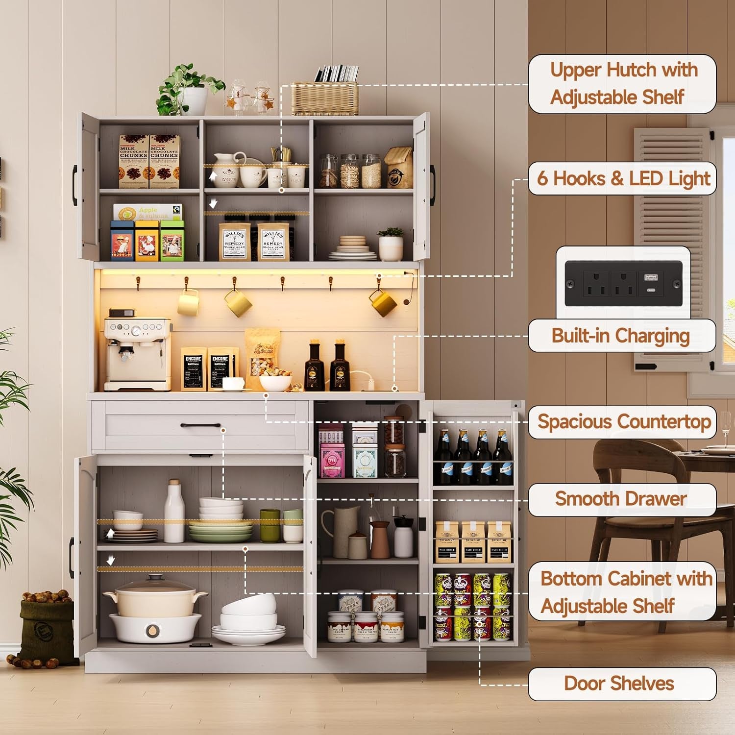 71" Pantry Cabinet, Kitchen Pantry Storage Cabinet with LED Light & Outlet, Kitchen Hutch with Microwave Shelf & 6 Hooks, Door Shelves & Drawer & Adjustable Shelves, for Dining Room