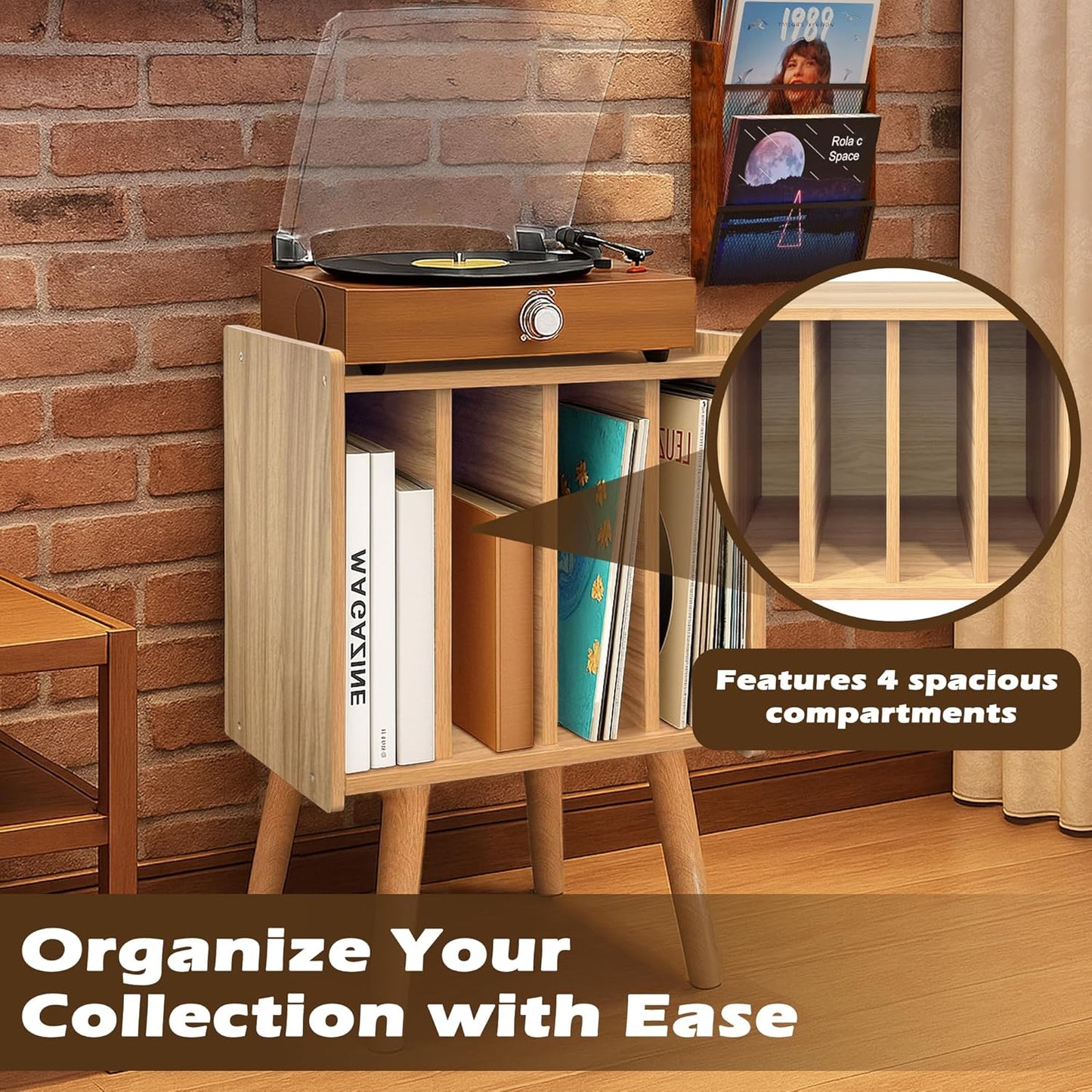Record Player Stand, Vinyl Record Storage Table with 4 Cabinet, Mid Century Modern Turntable Stand, Organizer Vinyl Table for Bedroom Living Room, Oak