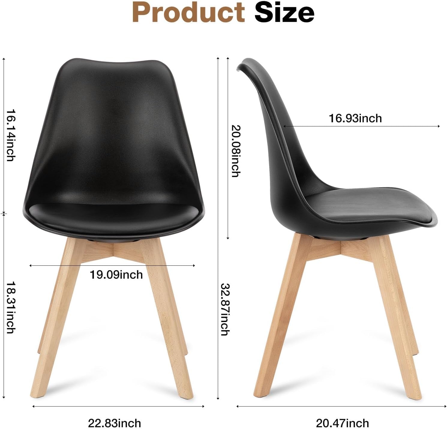 Dining Chairs Set of 8 Kitchen Mid Century Modern Chairs with Wood Legs and PU Leather Cushion for Living Room Bedroom Outdoor Lounge, Black