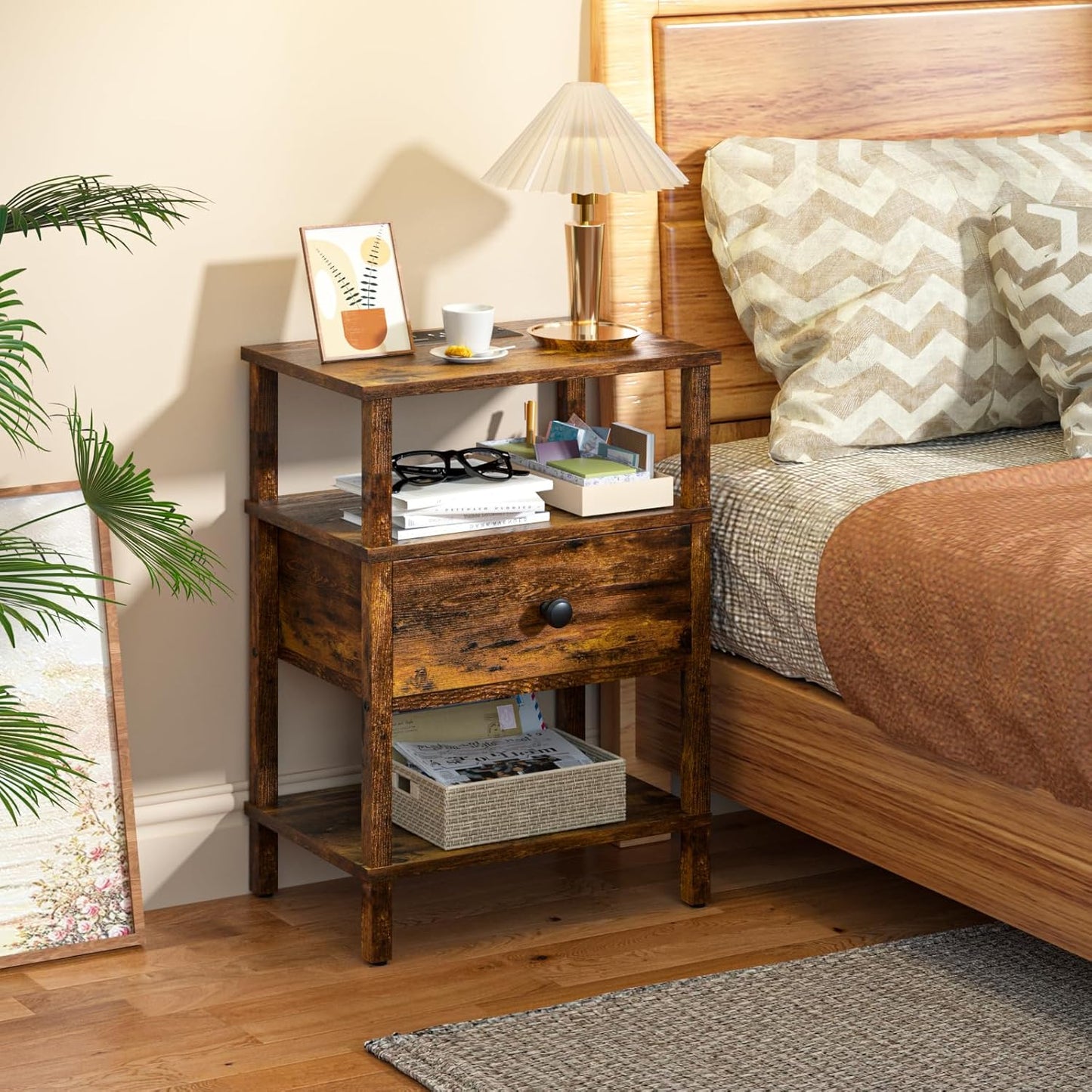 Nightstand with Charging Station and USB Ports, 3-Tier Storage End Table with Drawer Shelf, Night Stand for Small Spaces, Wood Bedside Table for Living Room, Bedroom - Retro Brown…