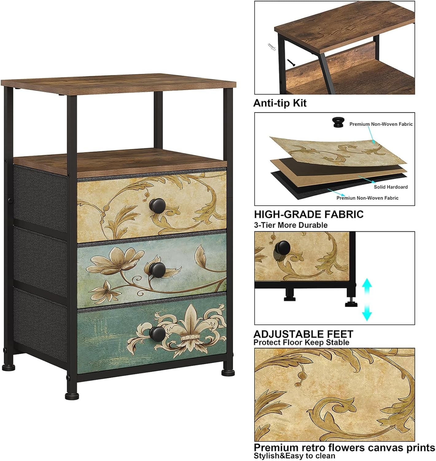 Nightstand with 3 Fabric Drawers Retro End Table with Storage Shelf Vintage Side Table for Bedroom Living Room Sofa beside Farmhouse