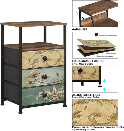 Nightstand with 3 Fabric Drawers Retro End Table with Storage Shelf Vintage Side Table for Bedroom Living Room Sofa beside Farmhouse