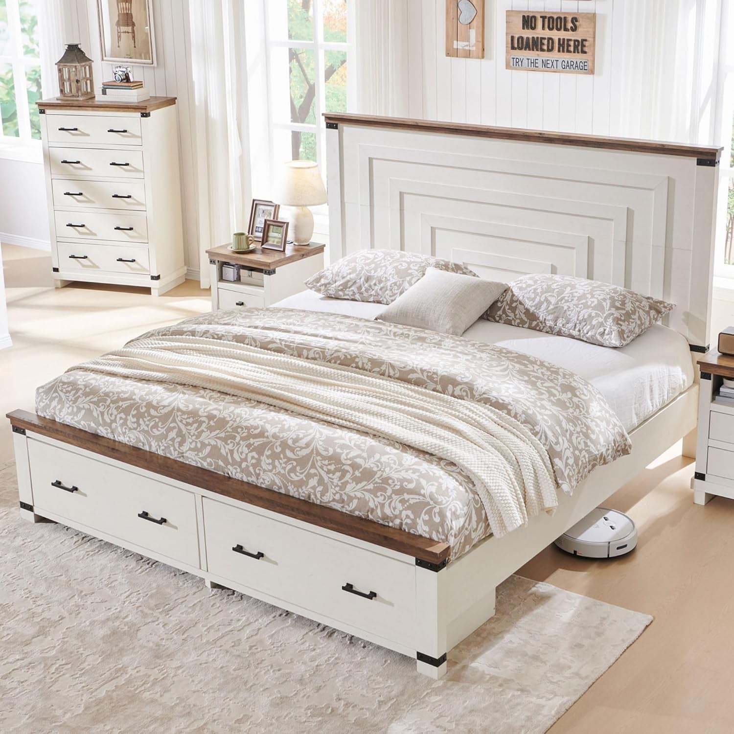 Farmhouse Queen Size Bed Frame with 54" Tall Geometric Headboard & 2 Large Storage Drawers, Rustic Wood Platform Bed with Wood Slats Support, No Box Spring Needed, Antique White