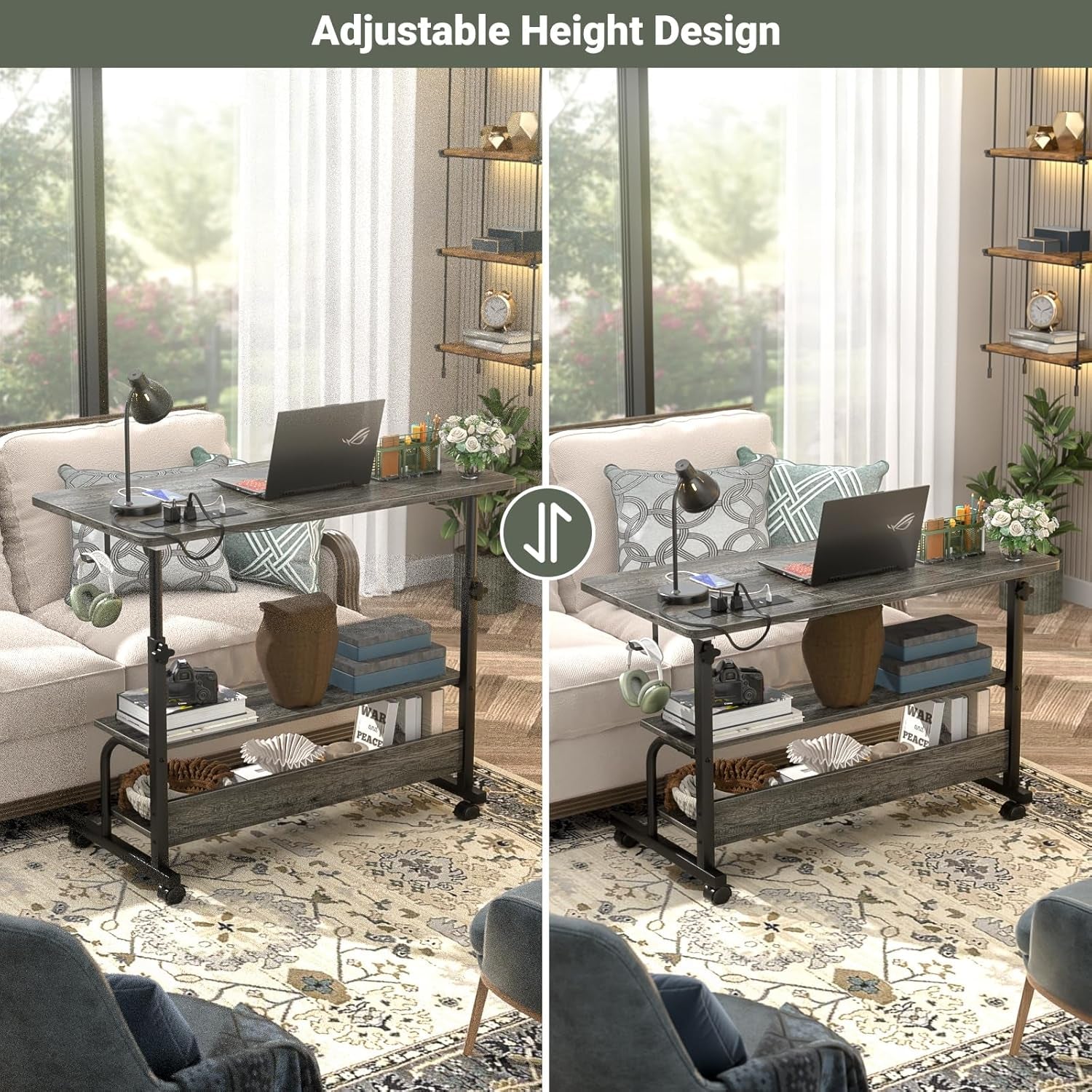 32" Height Adjustable Standing Desk with Power Outlets - Manual Rolling Stand up Desk with Wheels Small Portable Computer Desk Mobile Laptop Table with Storage Shelves for Home Office, Grey Oak