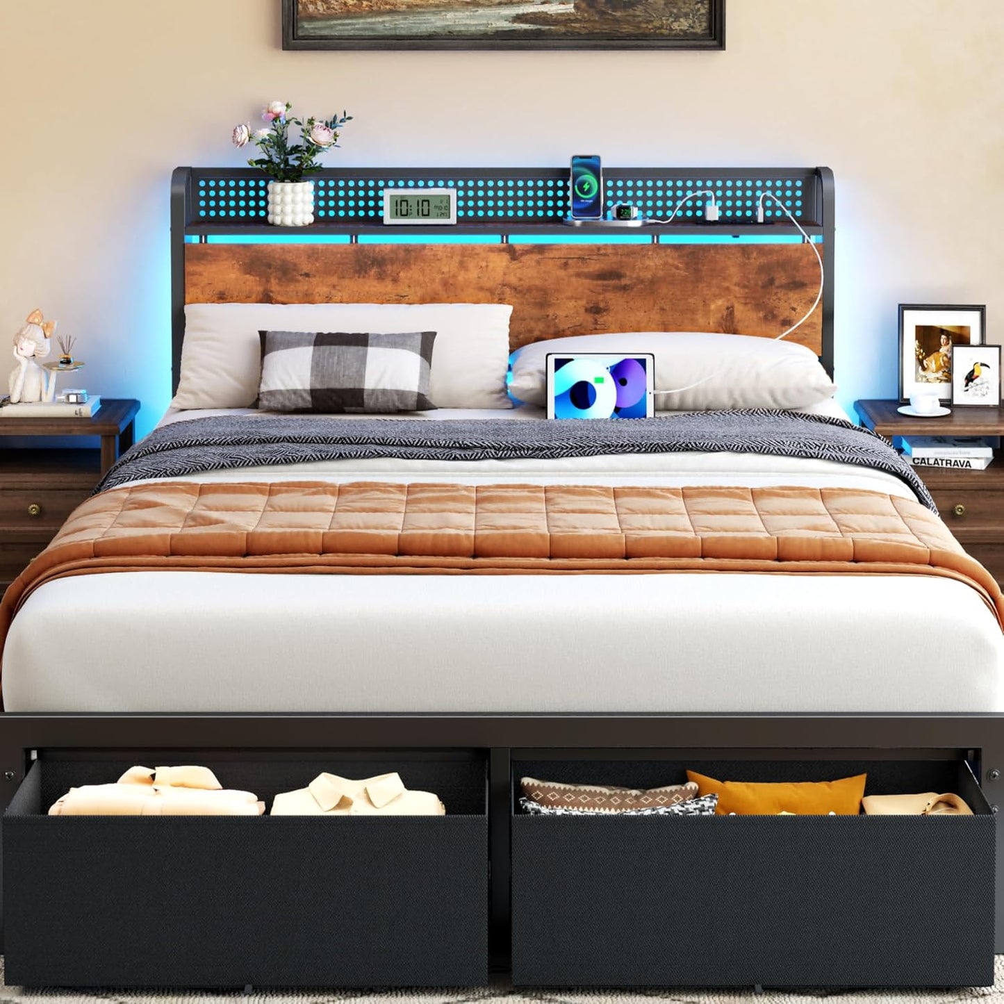 Queen Size Bed Frame with Headboard Storage, Platform Bed Frame Queen Size with 2 Drawers, Charging Station and LED Lights, No Box Spring Needed, Noise Free, Easy Assembly (1000 Lbs Capacity)