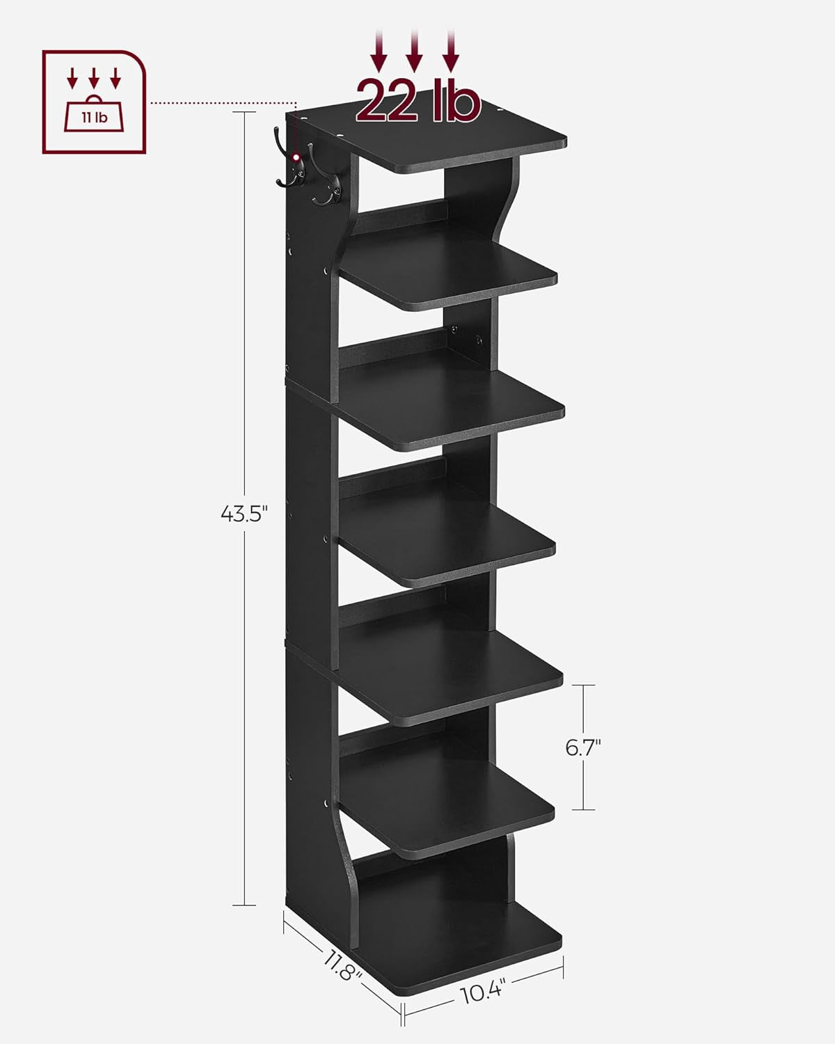 7-Tier Vertical Shoe Rack, Narrow Shoe Storage Organizer with Hooks, Slim Corner Shoe Tower Rack, Space Saving for Entryway and Bedroom, Black ULBS200T16