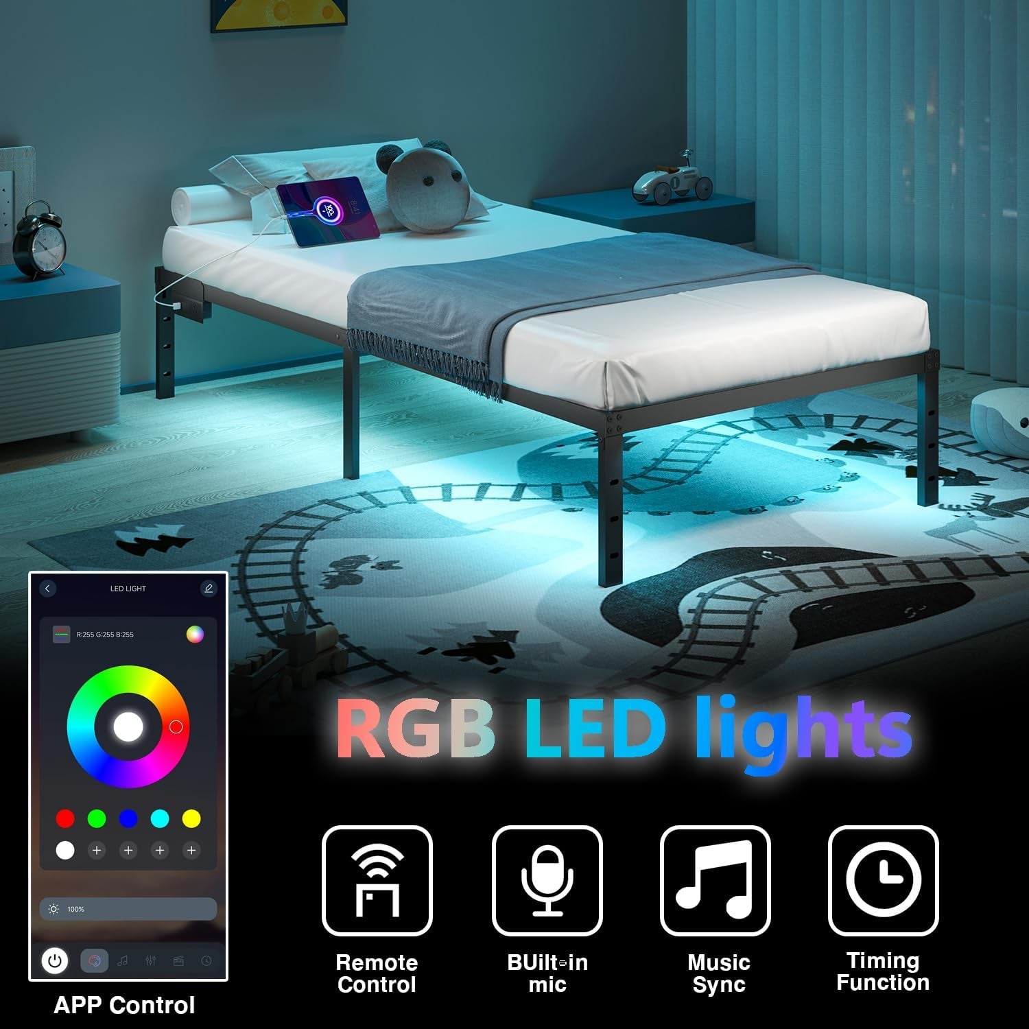 Twin Bed Frame with LED Lights & Charging Station - 14 Inch Heavy Duty Metal Platform Bed Frame No Box Spring Needed, Easy Assembly, No Noise