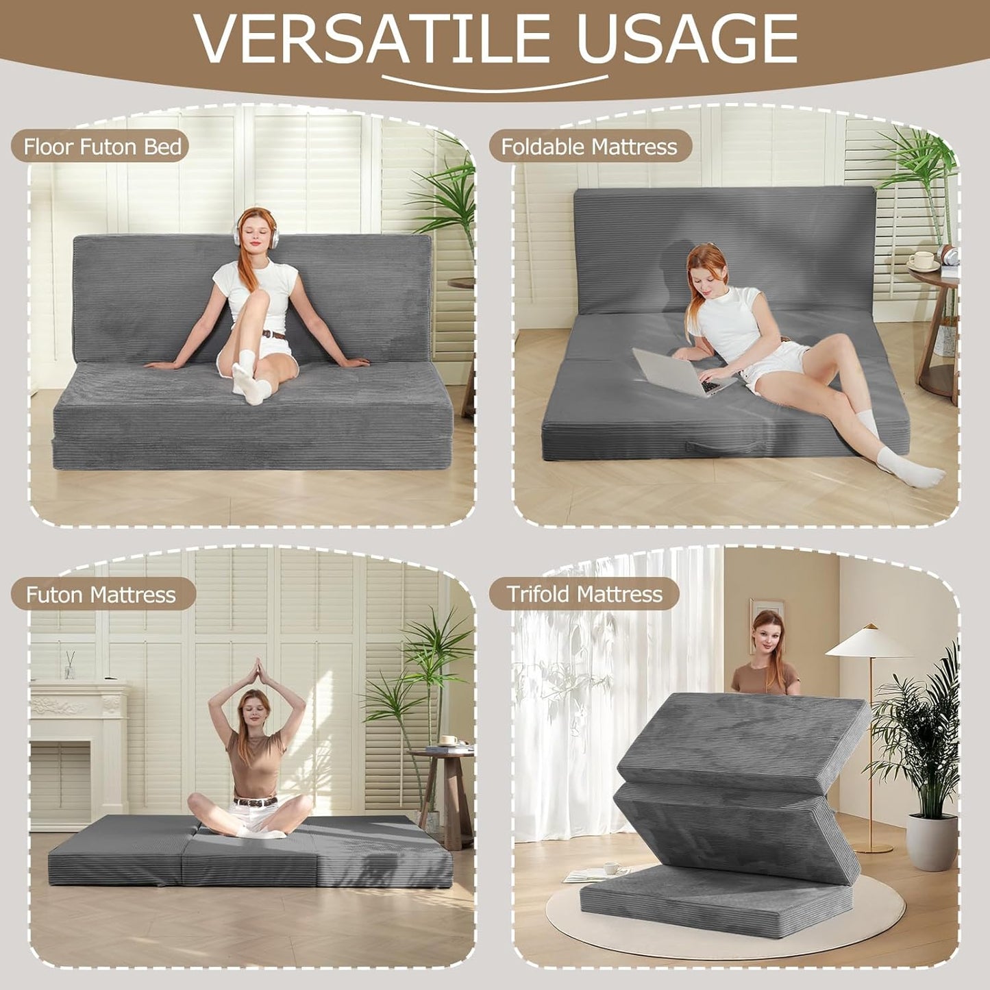 6-Inch Tri-Fold Mattress Queen Size - Foldable Futon Sofa Bed with Removable Washable Cover, Folding Memory Foam Futon Mattress | Non-Slip Bottom & Carry Handles for Guest, Camping, Dorm