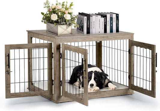 Dog Crate Furniture, 38 Inch Large Dog Crates with Bed Mat, Wooden Dog Kennel Furniture, End Side Table Dog Cage with 3 Doors, Greige