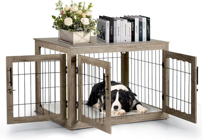 Dog Crate Furniture, 32 Inch Medium Dog Crates with Bed Mat, Wooden Dog Kennel Furniture, End Side Table Dog Cage with 3 Doors, Greige