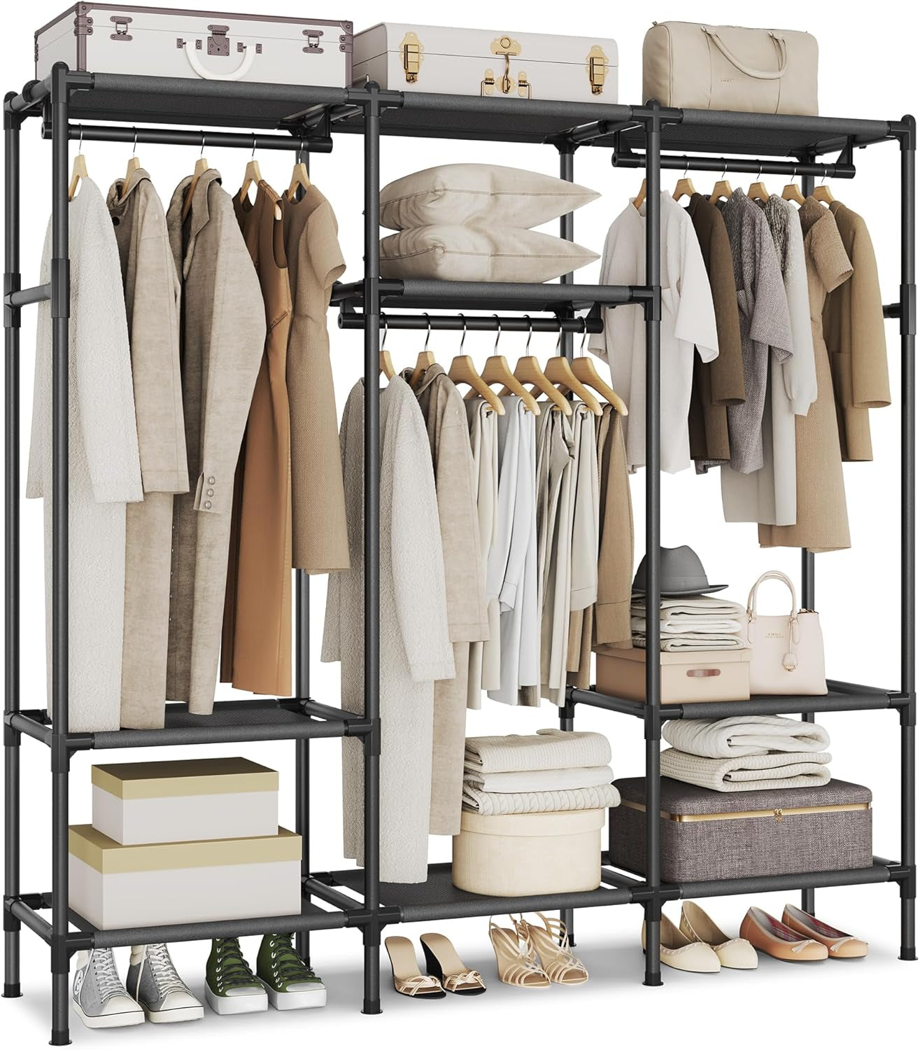 Heavy Duty Clothes Rack, 65 Inch Freestanding Portable Wardrobe with Hanging Rails and Shelves, Total Load 242 Lb, Easy Assembly, for Cloakroom, Bedroom, Black URDR201B02
