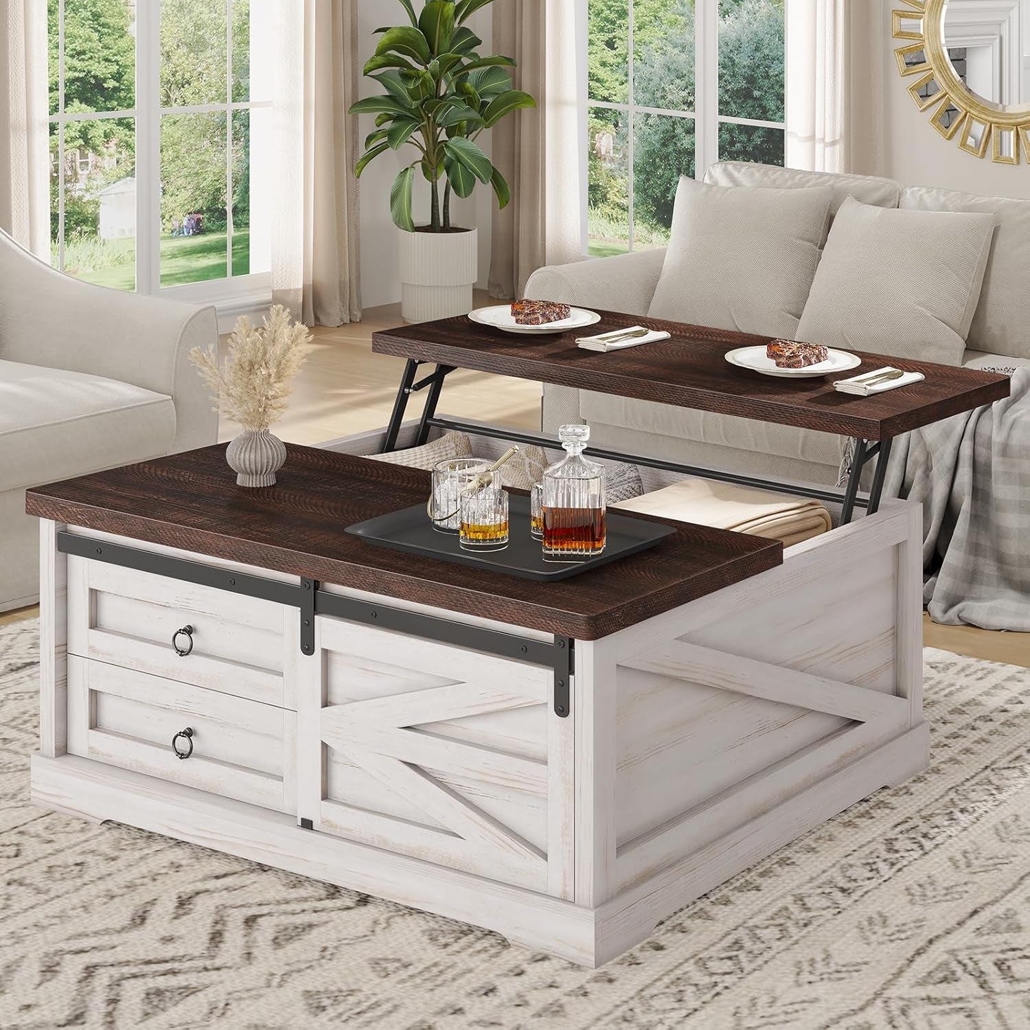 39.4'' Lift Top Coffee Table with Storage, Farmhouse Coffee Tables for Living Room, Square Coffee Table with Large Hidden Compartment & 2 Drawers & Adjustable Shelves, White