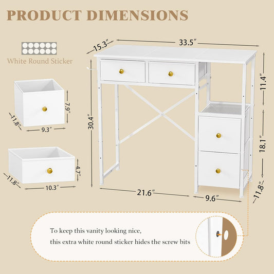 White Vanity Desk without Mirror, Small Makeup Desk with 4 Fabric Drawers, 33.5 Inches Dressing Table with Storage, Vanity Table for Bedroom with Hook, White