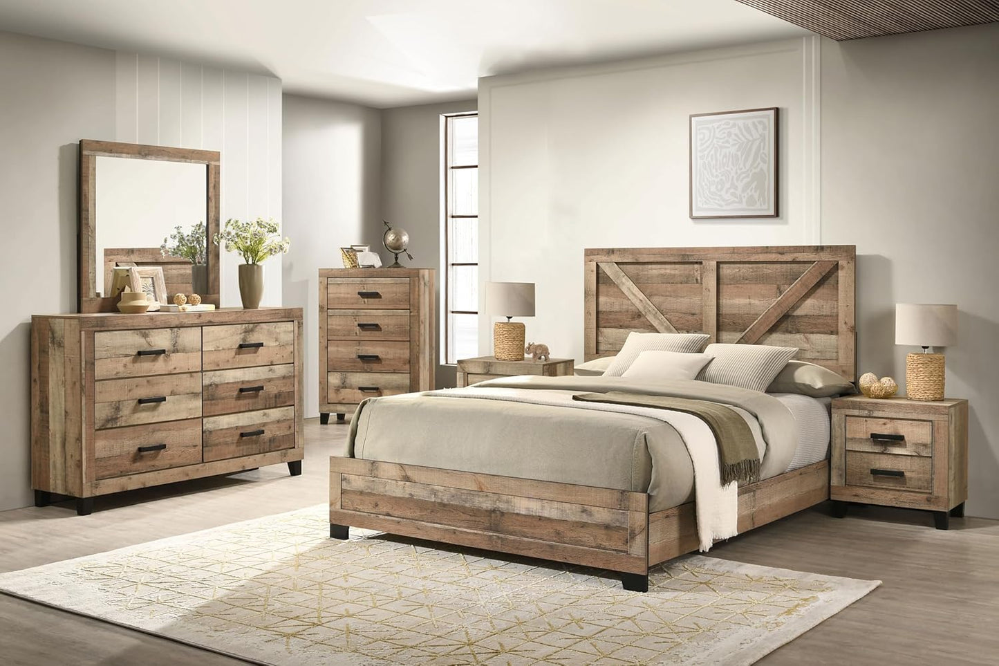 6-Piece Antique Natural King Size Bedroom Set - Bed, Dresser, Mirror, Chest and 2 Nightstands
