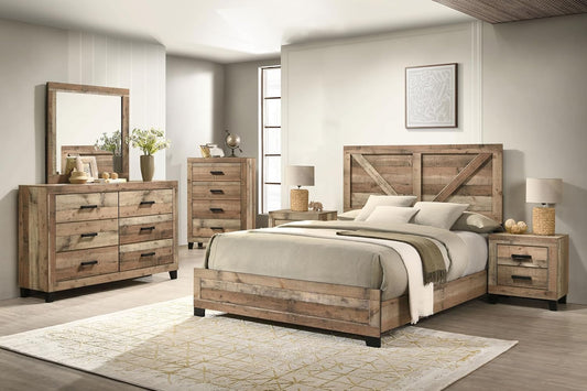 6-Piece Antique Natural King Size Bedroom Set - Bed, Dresser, Mirror, Chest and 2 Nightstands