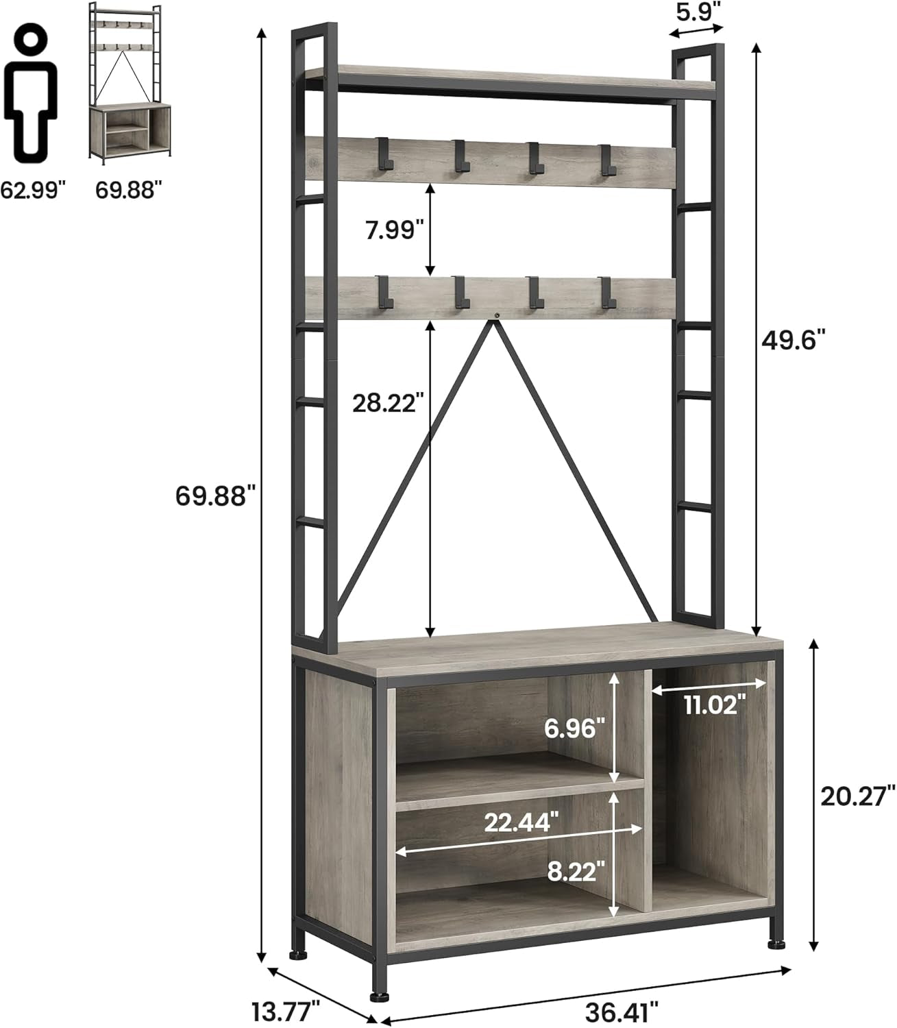 Hall Tree with Bench and Shoe Storage and Coat Rack, Industrial Entryway Bench with Storage Cubbies, Entryway Coat Rack for Hallway, Corner Places, Bedroom