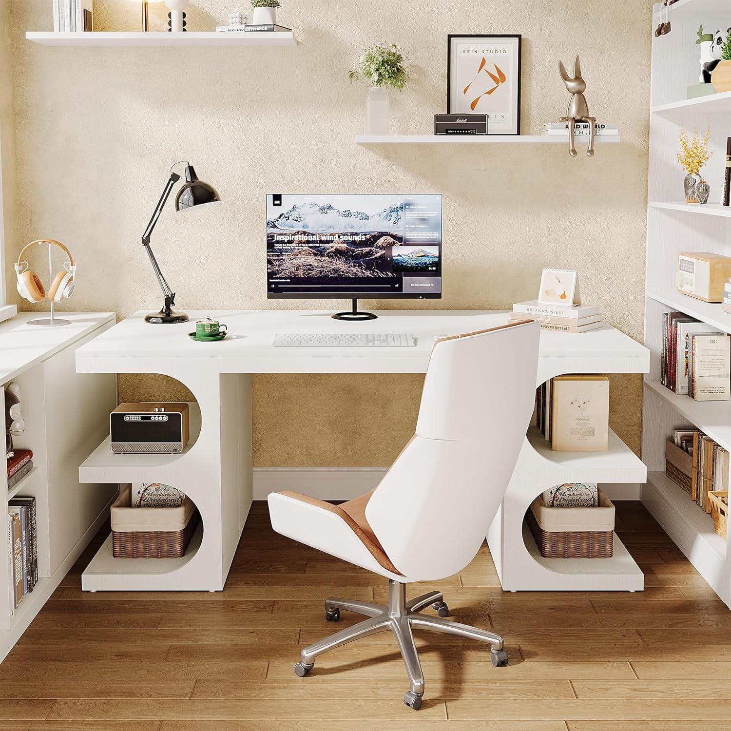 Modern Executive Office Desk, 63-Inch Large Computer Home Office Desk with Storage Shelves, Wood Study Writing Table, Workstation Business Furniture, White