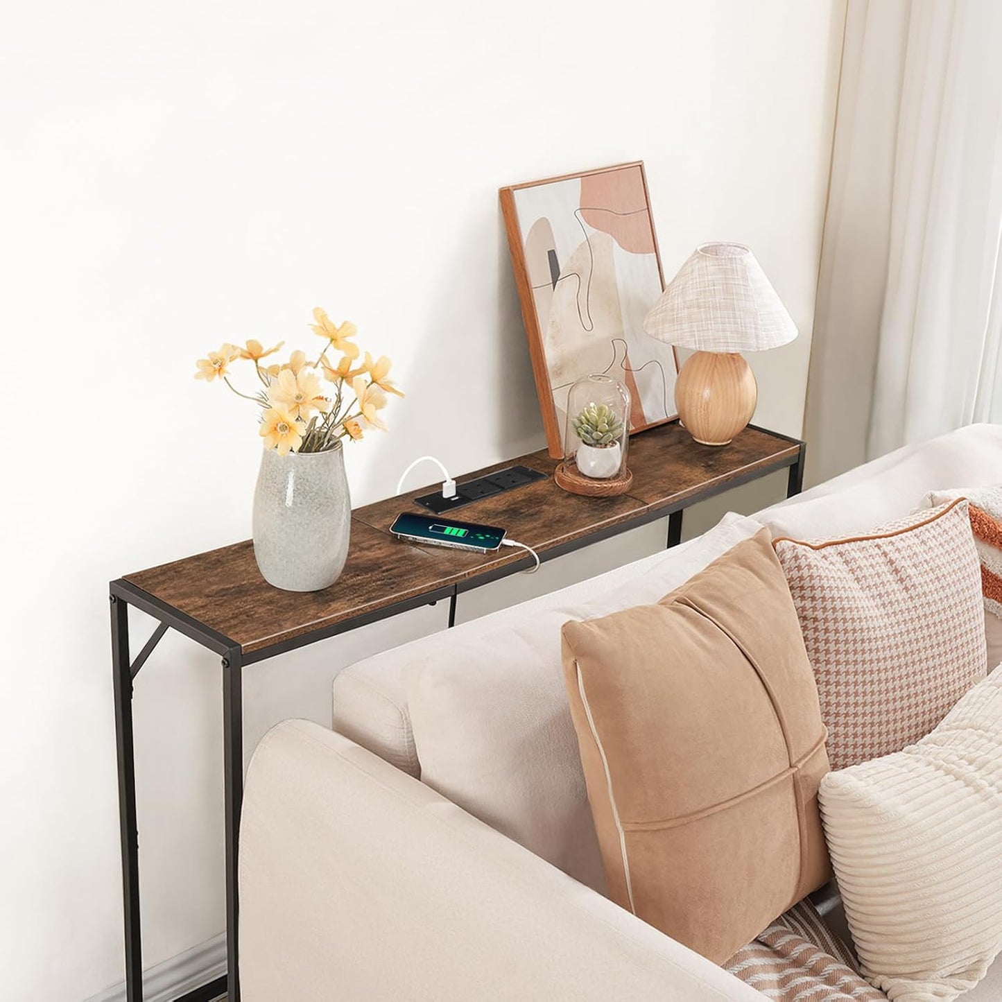 Console Table, Narrow Sofa Table, 43.3” Entrance Table with Power Station, behind Couch Table, Simple Style, for Living Room, Hallway, Entryway, Foyer, Rustic Brown and Black CTHR112E01