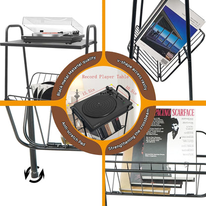End Table, Metal Nightstand, Record Player Table with Magazine Holder, Record Player Stand with Storage, Side Table for Living Room, Bedroom for Small Spaces, Black