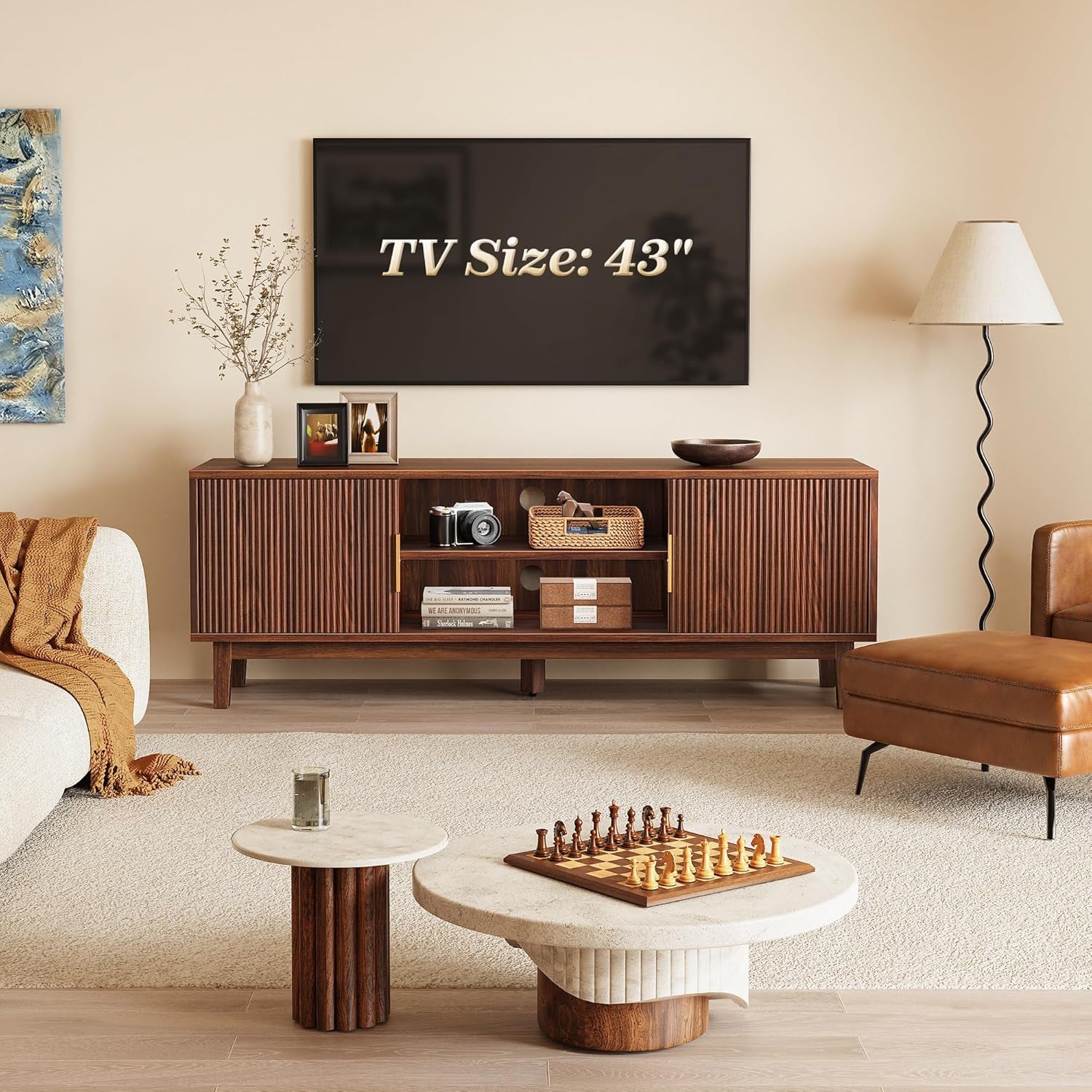 54 Inch TV Stand for 50, 55 Inch TV, Fluted Entertainment Center with 2 Cabinets, TV Consoles for Living Room, 3-Level Adjustable Shelf, 4 Cable Holes, Meida Console, Walnut