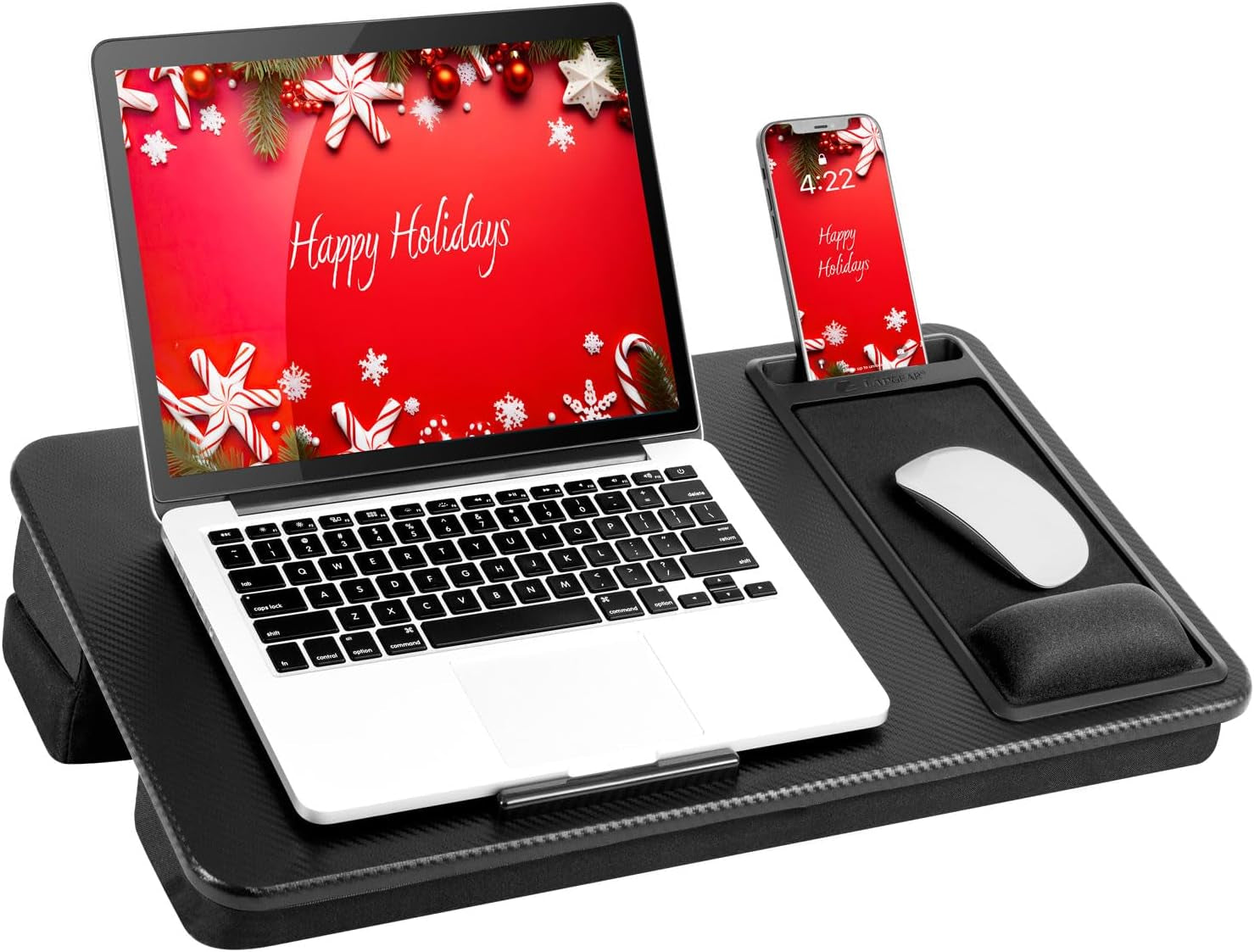 Extra Large Adjustable Lap Desk – Fits Laptops up to 17.3”, Adjustable Cushion, Memory Foam Wrist Rest, Mouse Pad, Device Ledge, & Phone Slot – Black Carbon - Style No. 88108