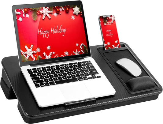 Extra Large Adjustable Lap Desk – Fits Laptops up to 17.3”, Adjustable Cushion, Memory Foam Wrist Rest, Mouse Pad, Device Ledge, & Phone Slot – Black Carbon - Style No. 88108
