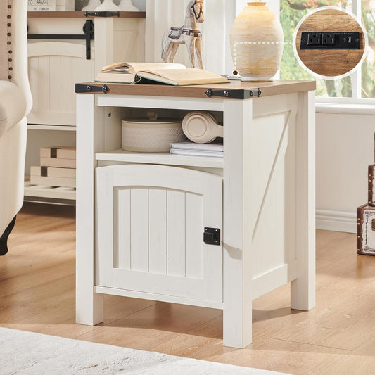 Farmhouse Nightstand with Charging Station, 18" Rustic End Table with Adjustable Storage Shelf, Wood Rustic Wood Sofa Side Table for Bedroom