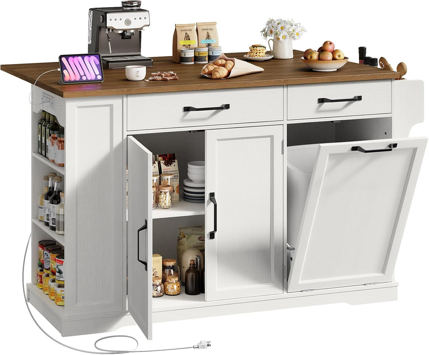 Kitchen Island with Power Outlet & Drop Leaf, Rolling Storage Cart with Trash Storage Cabinet,Farmhouse Mobile Island Table for Kitchen, Dining Room, Hidden Casters, White and Walnut