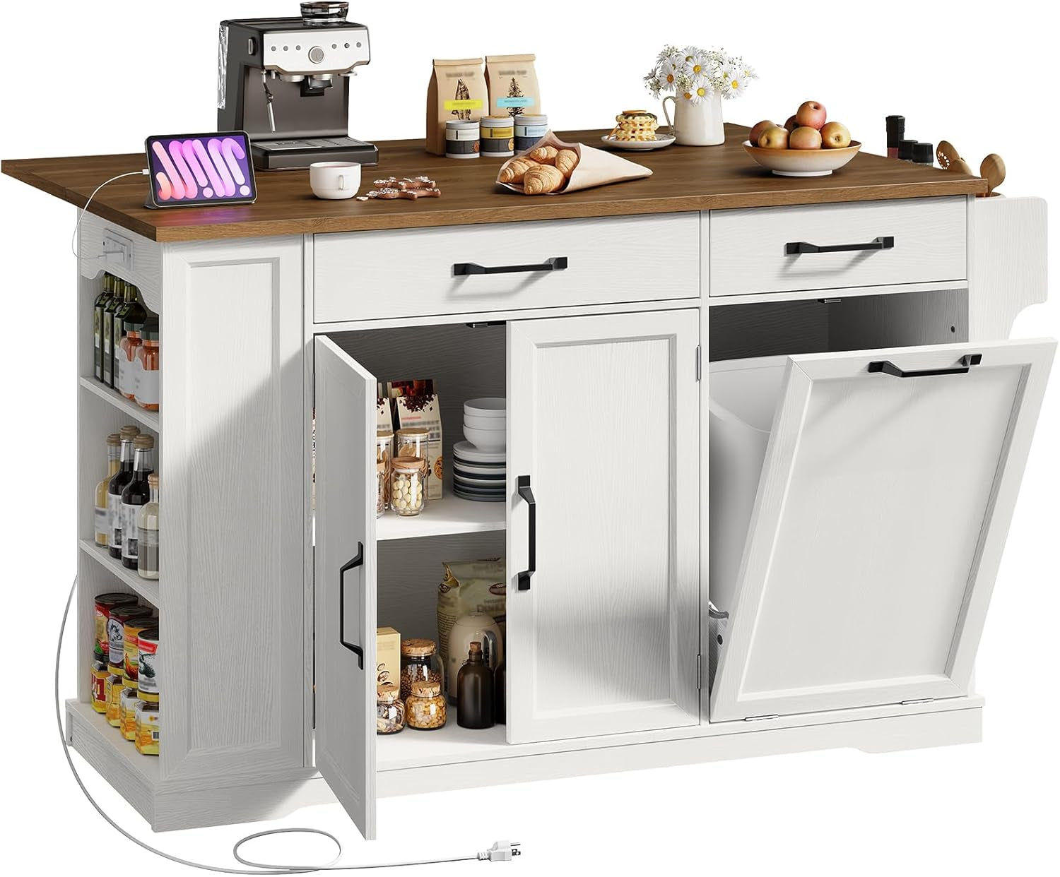Kitchen Island with Power Outlet & Drop Leaf, Rolling Storage Cart with Trash Storage Cabinet,Farmhouse Mobile Island Table for Kitchen, Dining Room, Hidden Casters, White and Walnut