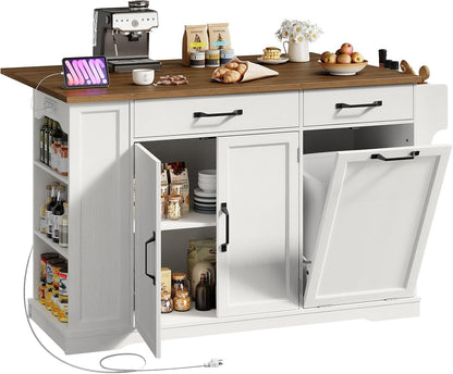 Kitchen Island with Power Outlet & Drop Leaf, Rolling Storage Cart with Trash Storage Cabinet,Farmhouse Mobile Island Table for Kitchen, Dining Room, Hidden Casters, White and Walnut