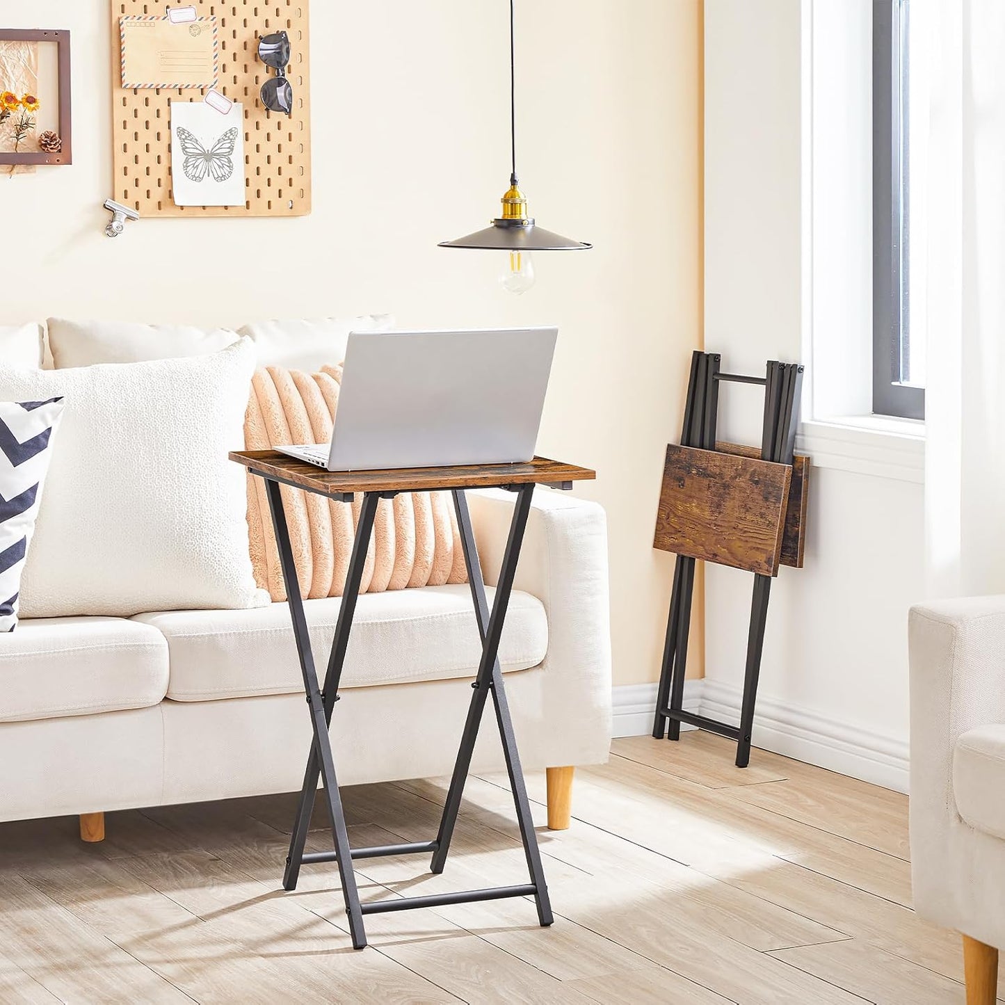 Folding TV Tray Table, Wooden TV Tray, Portable Sofa Side Table, Industrial Snack Table End Table for Small Spaces, Space-Saving, Easy to Install and Fold, Rustic Brown and Black BF27BZ01
