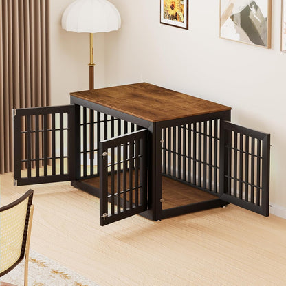 26" Heavy Duty Dog Crate Furniture for Small,Medium and Large Dogs,Rustic Wooden Dog Cage Kennel Indoor Furniture with Waterproof Top,Decorative Pet House Side End Table (Black & Wood)