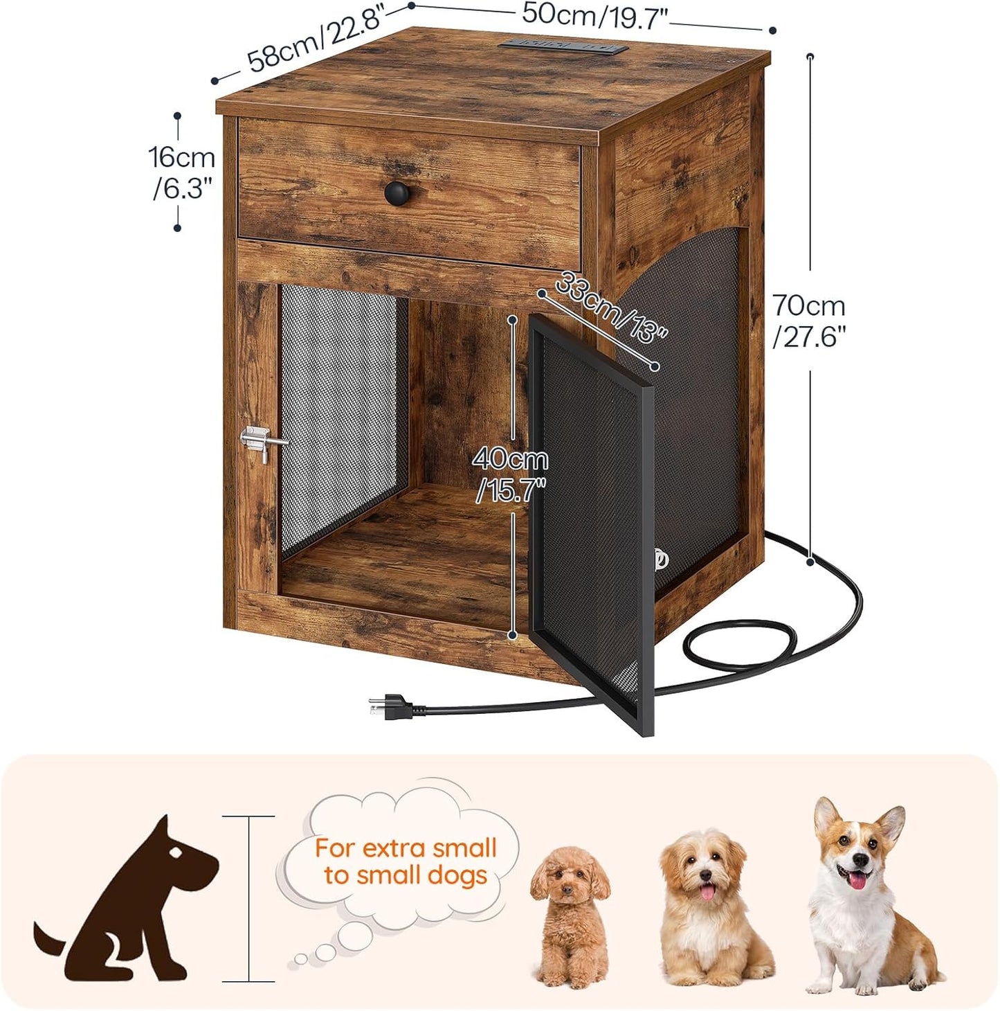 Dog Crate Furniture, Dog Kennel with Drawer and Charging Station, Indoor Decorative Puppy House, Wooden Pet Crate End Table for Small Dogs, Greige and Black BG58UGW03G1