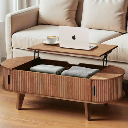 Oval Lift Top Coffee Table with Storage, 47.2" Mid Century Modern Living Room Center Table with 180° Sliding Tambour Door, Wood Fluted Coffee Table for Home Office, Walnut