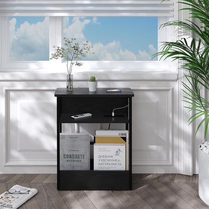 Narrow Side Table with Charging Station, 3 Tier Slim End Table for Small Spaces, 23.6 Inch Height Thin Tables with Storage Shelf and Magazine Rack for Living Room, Black