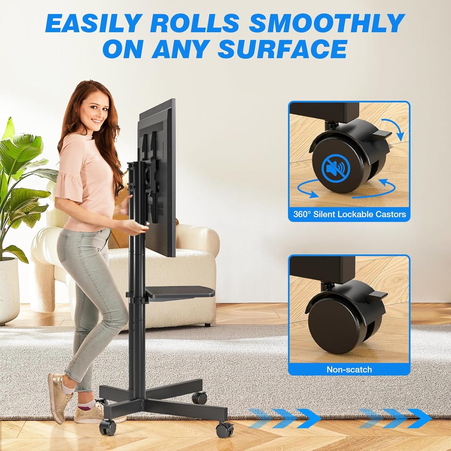 Rolling TV Stand with Laptop Shelf, Mobile TV Stand with Upgraded Wheels for 32-75 Inch Tvs, Height Adjustable Mobile TV Cart up to 88Lbs, Portable TV Mount Stand for Outdoor, Home, Office