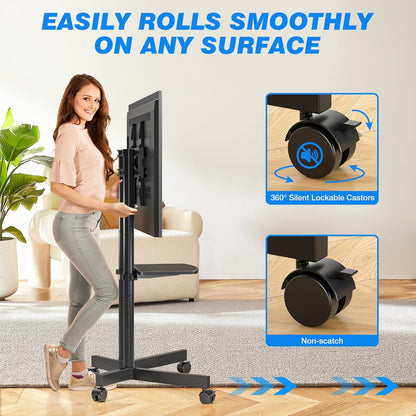 Rolling TV Stand with Laptop Shelf, Mobile TV Stand with Upgraded Wheels for 32-75 Inch Tvs, Height Adjustable Mobile TV Cart up to 88Lbs, Portable TV Mount Stand for Outdoor, Home, Office