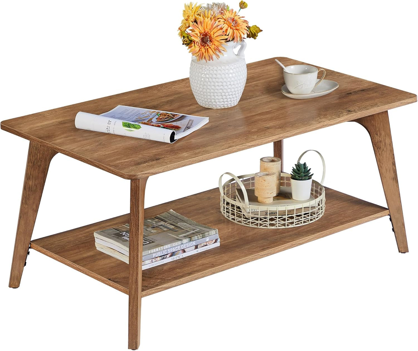 MAEZO Collection - Coffee Table, 2-Tier Center Table with Storage, Tapered Legs, Curved Transitions, 21.7 X 39.4 X 17.7 Inches, Easy to Assemble, for Living Room, Honey Brown ULCT249K01
