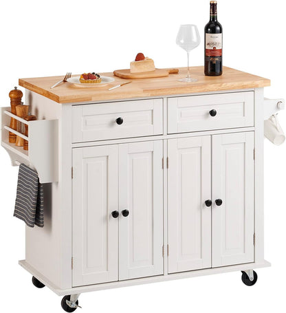 Kitchen Island Cart with Solid Wood Top, 35.4" Width Mobile Carts with Storage Cabinet, Rolling Kitchen Table with Spice Rack, Towel Rack, and Drawer, Portable Islands on Wheels, White