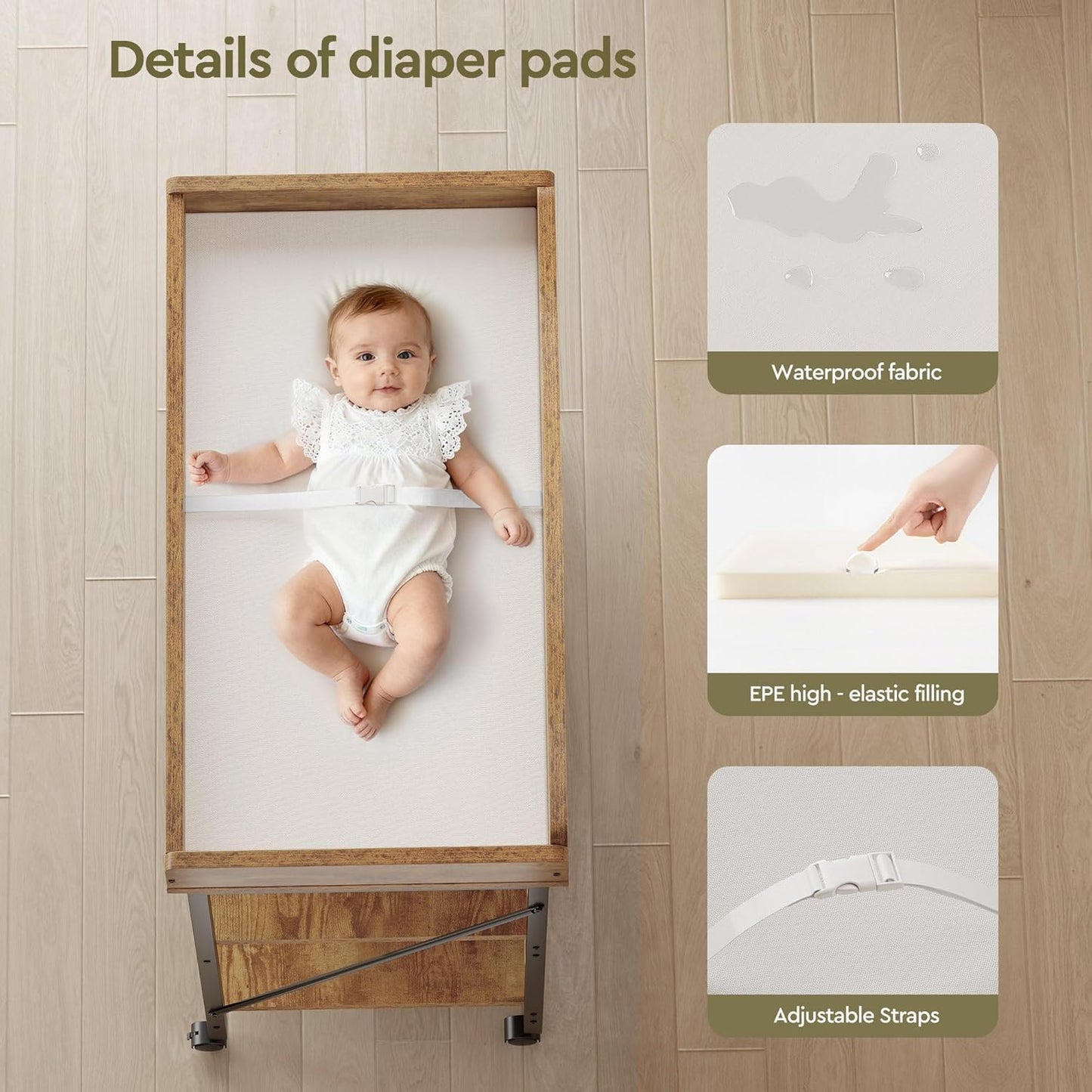 Baby Changing Table, Diaper Changing Station with Pad and Wheels, Two-Tier Open Storage Shelves, Waterproof Diaper Pad & Safety Strap,Compact Baby Furniture for Nursery, Rustic Brown