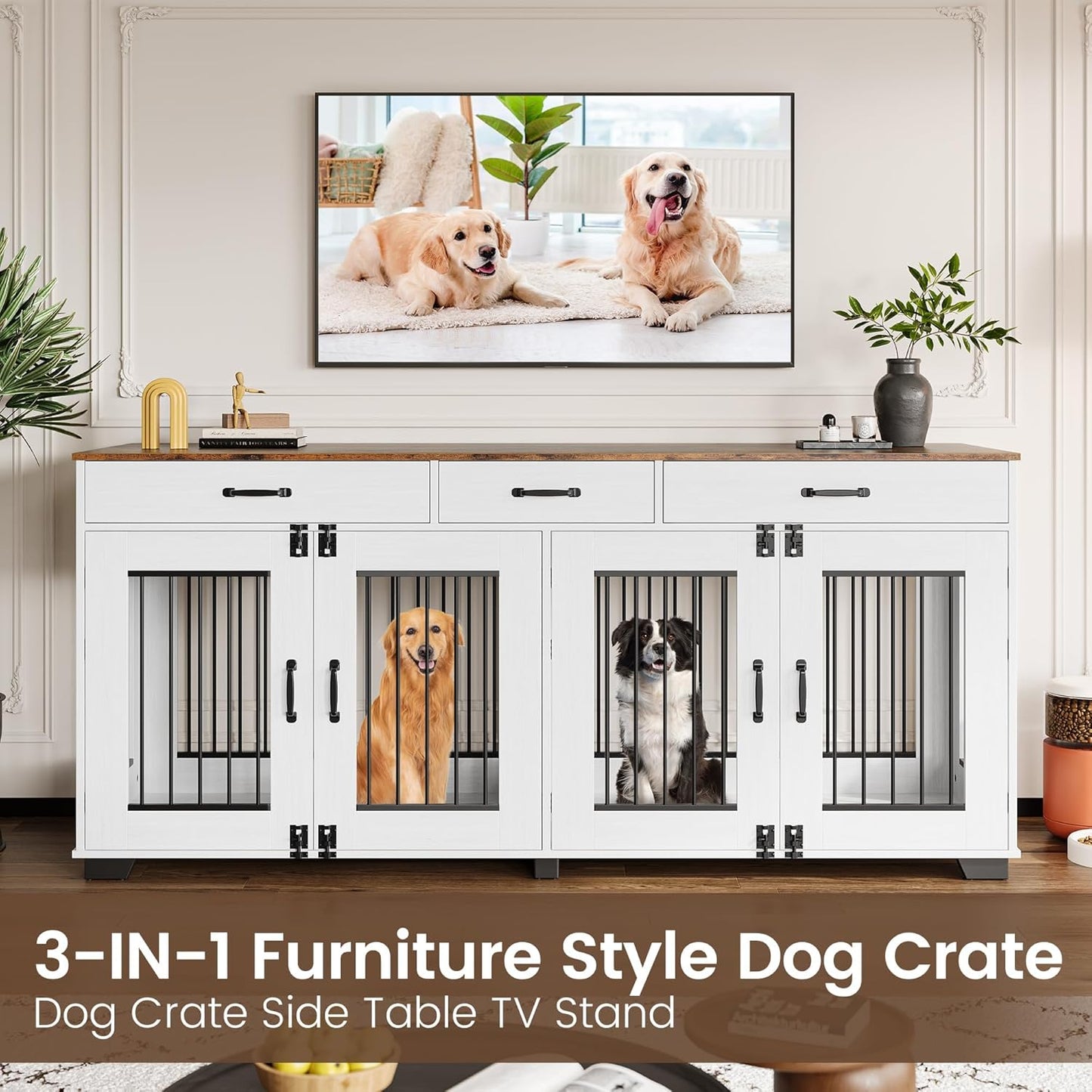 71" Large Dog Crate for 2 Dogs, Double Dog Cage Furniture with 3 Drawers for Ample Storage Space, Furniture Style Indoor Dog Crate & TV Stand, for Large Medium Dogs, White