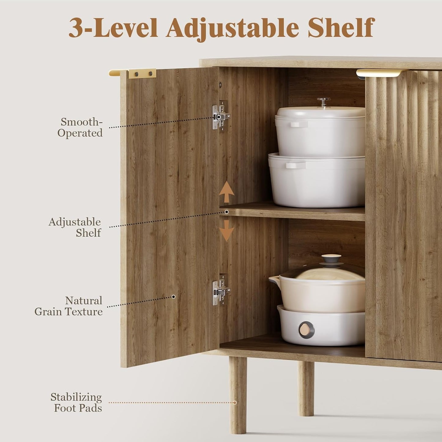 Sideboard Buffet Cabinet with Storage, Modern Fluted Accent Credenza with Doors & Adjustable Shelves, Wood Coffee Bar Console Table for Living Room, Dining Room, Kitchen or Entryway 31.5" Oak