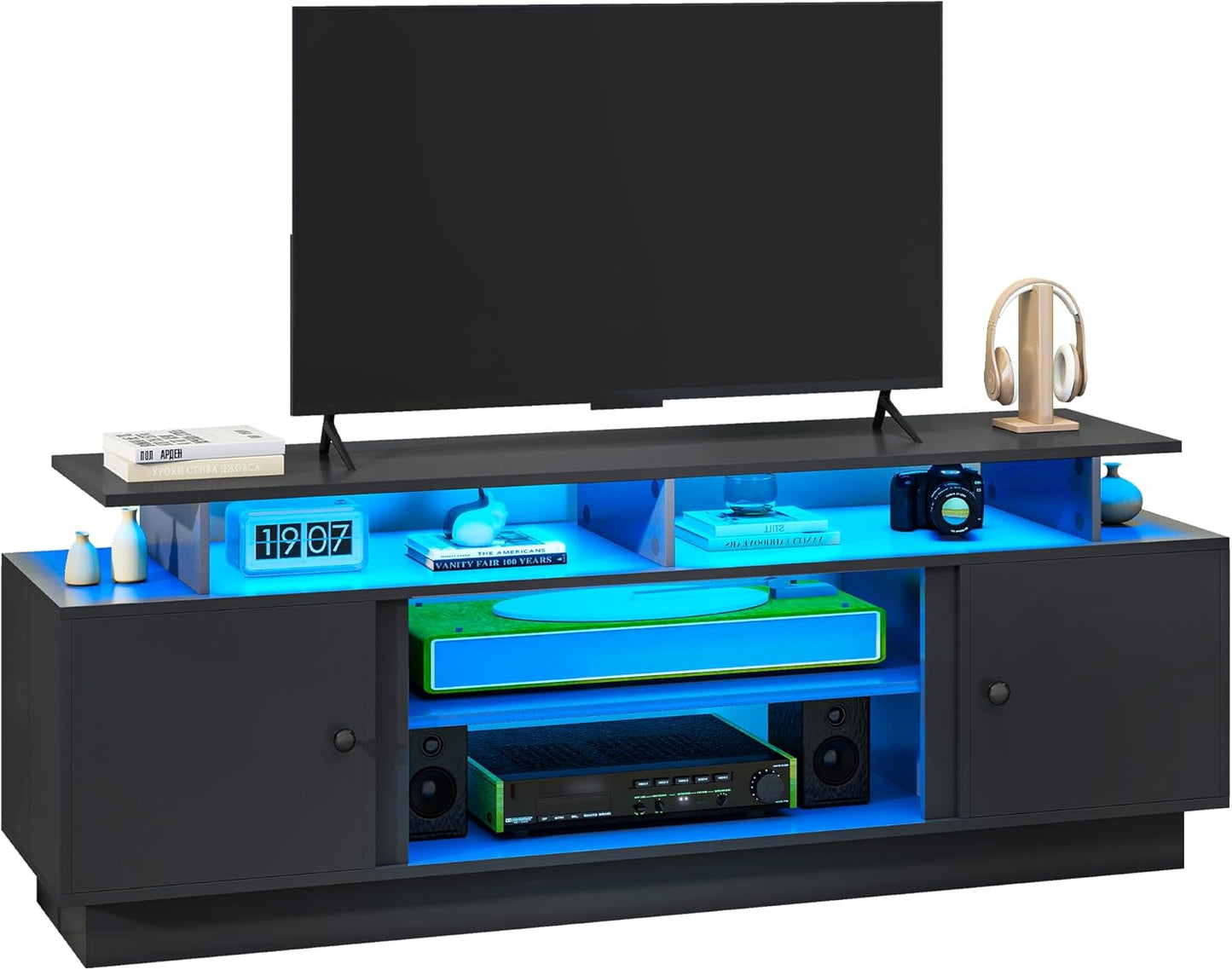 Modern TV Stand with LED Lights for up to 80 Inch Tvs, Entertainment Center with Storage Cabinets & Movable Partition for Living Room (Black)