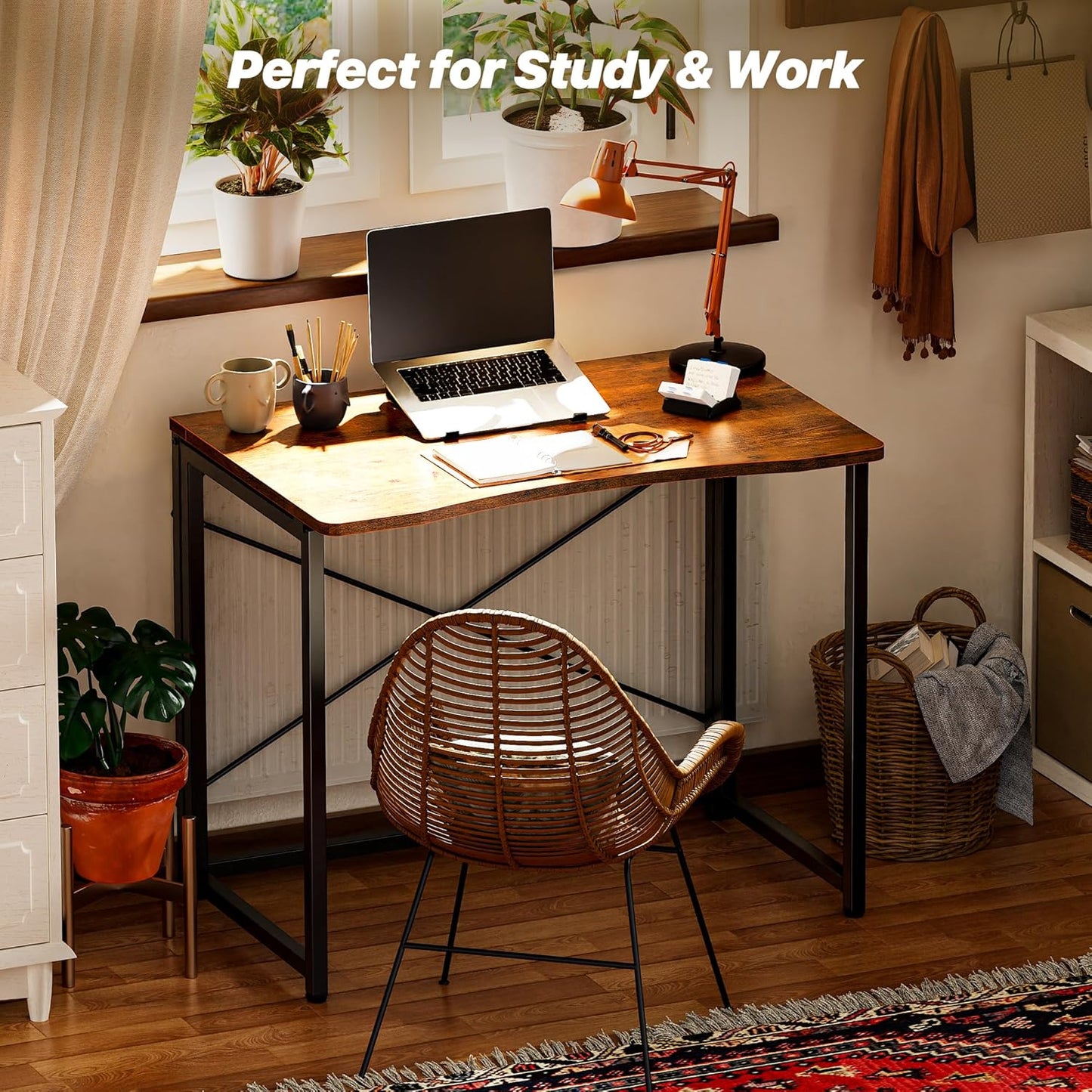 Folding Desk for Small Spaces, 31.5 Inch Foldable Computer Table, for Home Office, Study, Bedroom, Dorm, Space Saving, Small Writing Work Office Computer Desk, Easy to Fold, Rustic Brown