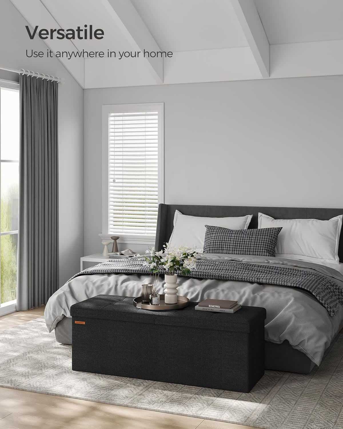 Mazie Collection - 43 Inches Storage Ottoman, Foldable Storage Bench with Flipping Lid, 660 Lb Load Capacity, for Entryway, Living Room, Bedroom, Ink Black ULSF076B01