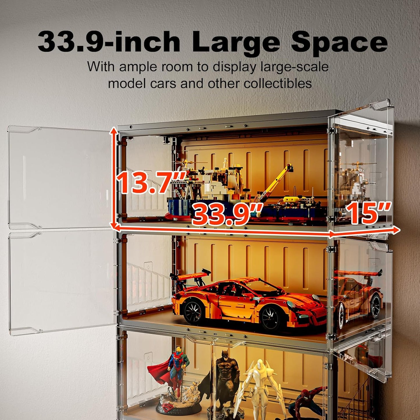 Foldable Display Cabinet, with 2 Color Lights & Infrared Sensing for Collectibles, Curio Cabinet Glass Display Case with Remote Control, Storage Cabinet,Black