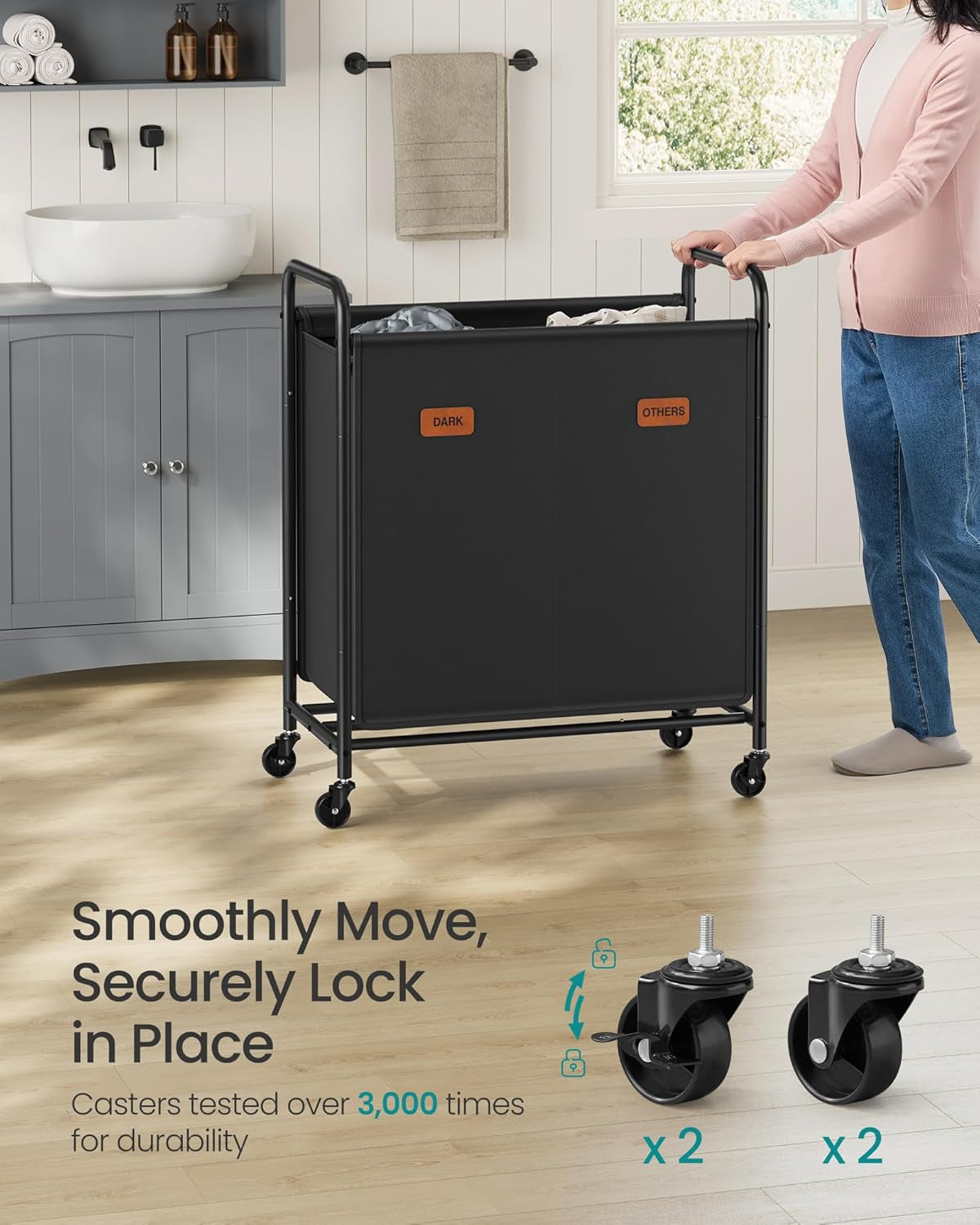 2-Section Laundry Sorter, Laundry Hamper with Wheels, Rolling Clothes Hamper Cart with Large Capacity and Removable Bags, for Laundry Room, Bedroom, Bathroom, Ink Black URLS210B01