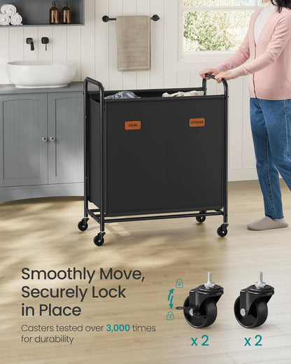 2-Section Laundry Sorter, Laundry Hamper with Wheels, Rolling Clothes Hamper Cart with Large Capacity and Removable Bags, for Laundry Room, Bedroom, Bathroom, Ink Black URLS210B01